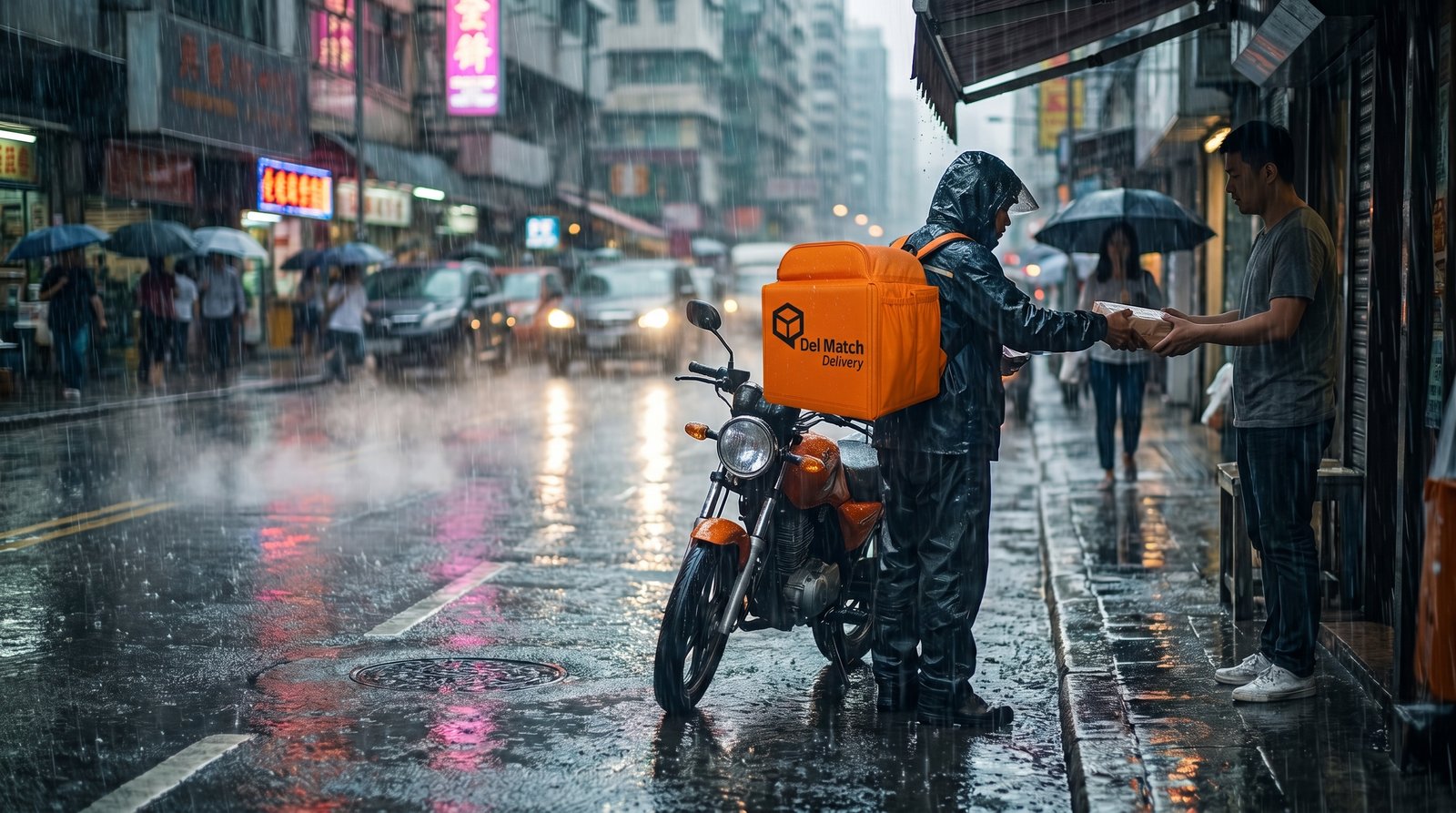 Motoboy Del Match entregando pedido na chuva